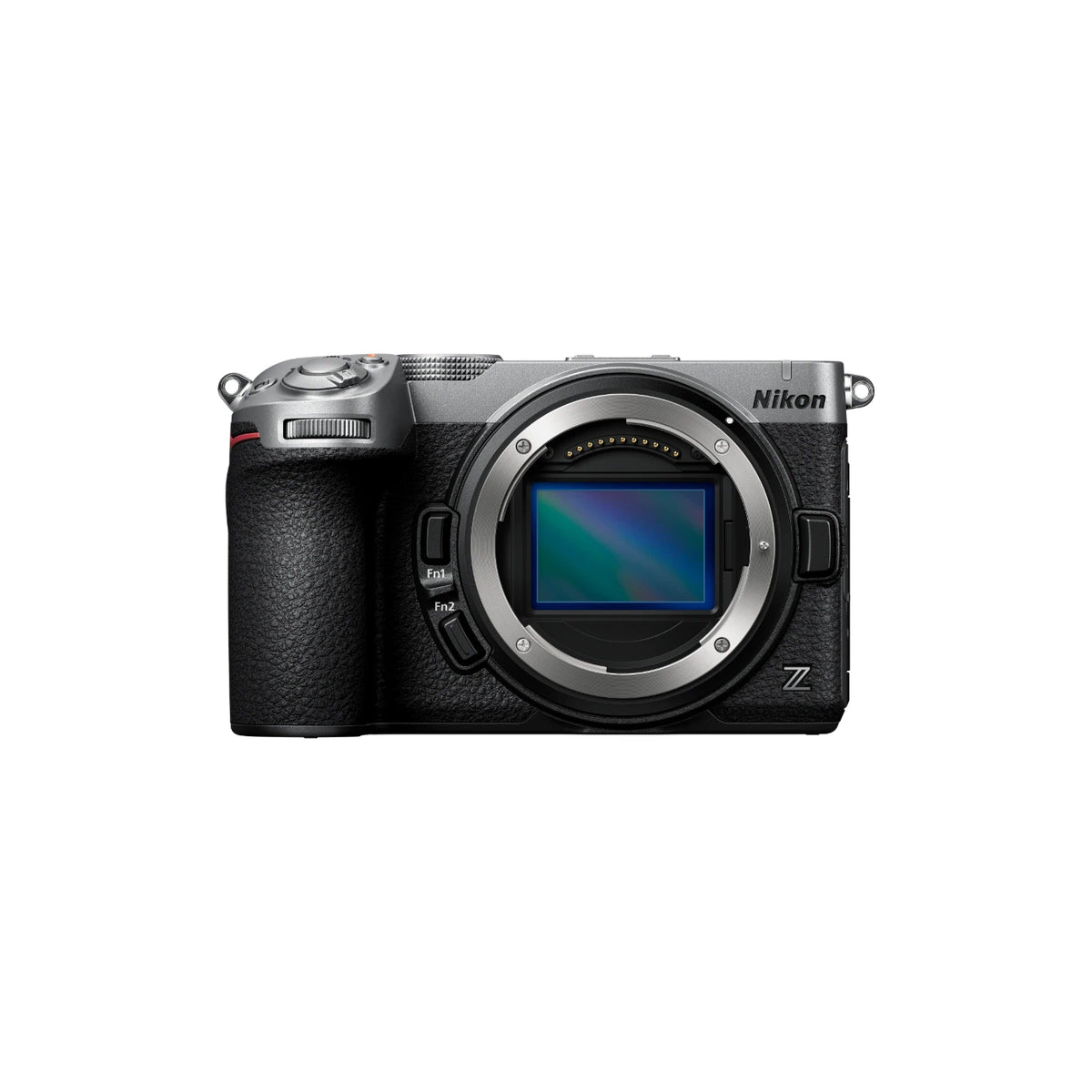 Nikon mirrorless camera body with a silver and black grip, shown from the front on a solid white background.