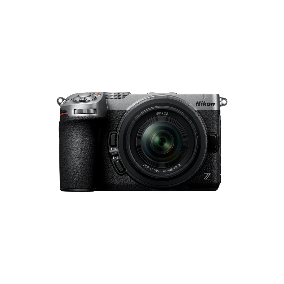A Nikon Z series mirrorless camera with a zoom lens, shown from the front against a plain white background.