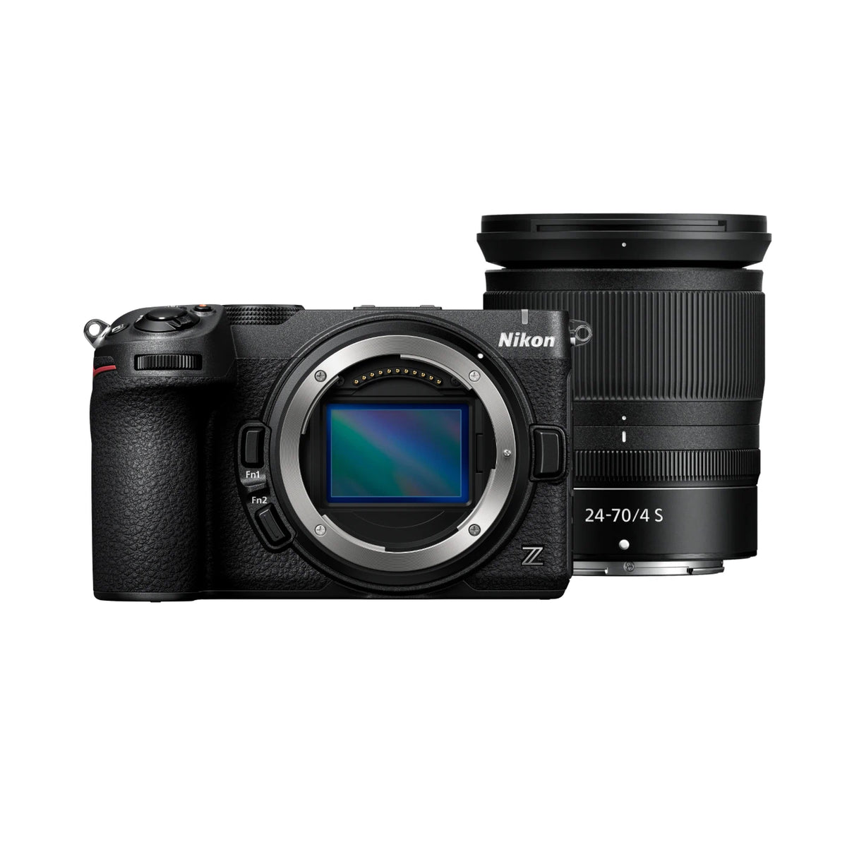 Nikon mirrorless camera body with a black Z-mount 24-70mm f/4S lens, shown on a solid white background.