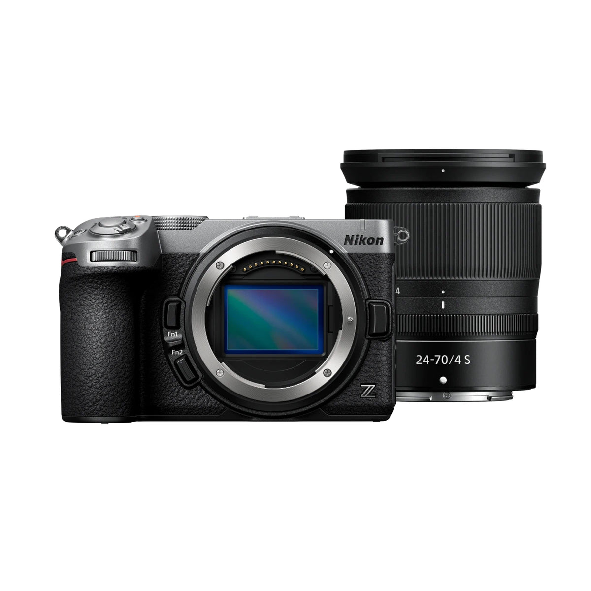 Nikon mirrorless camera body in silver and black shown with a 24-70mm f/4 S lens, photographed on a clean white background.