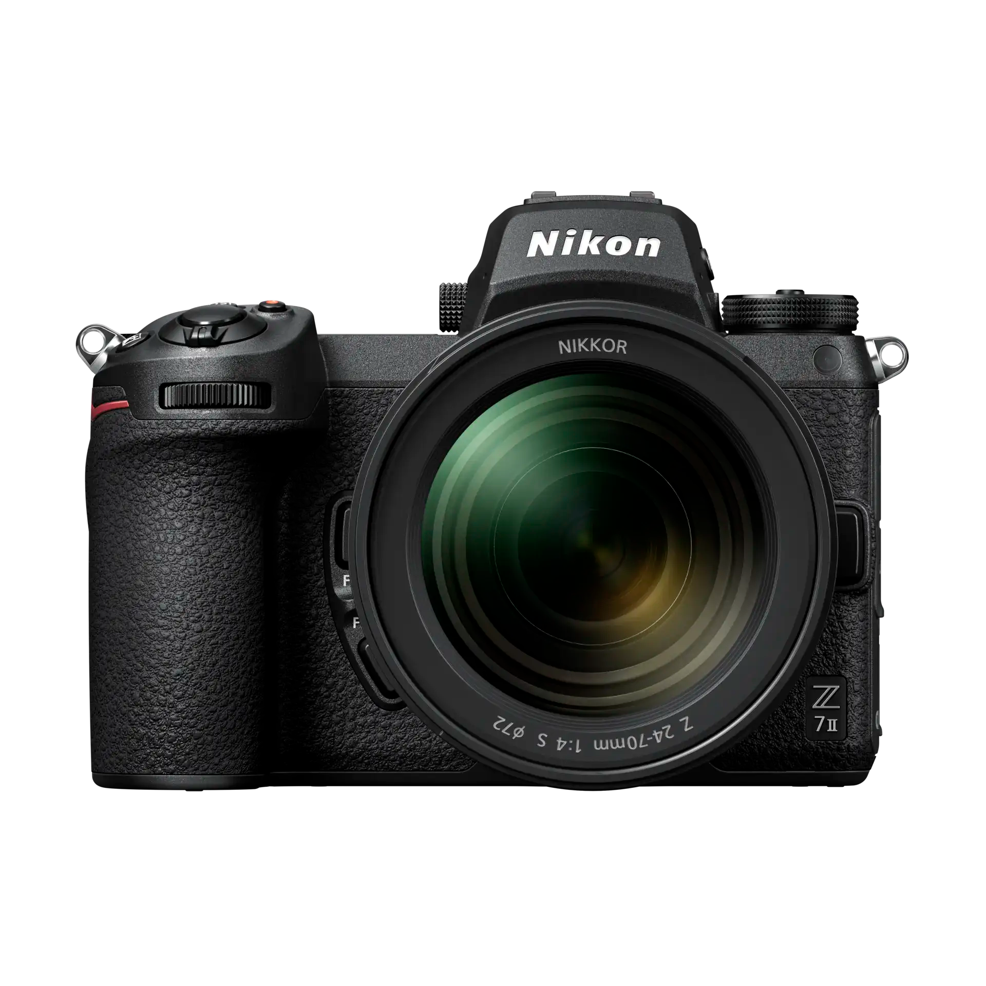 Nikon Z7 II Mirrorless Digital Camera with the NIKKOR Z 24-70mm f/4 S Lens mounted on it, displayed against a black background.