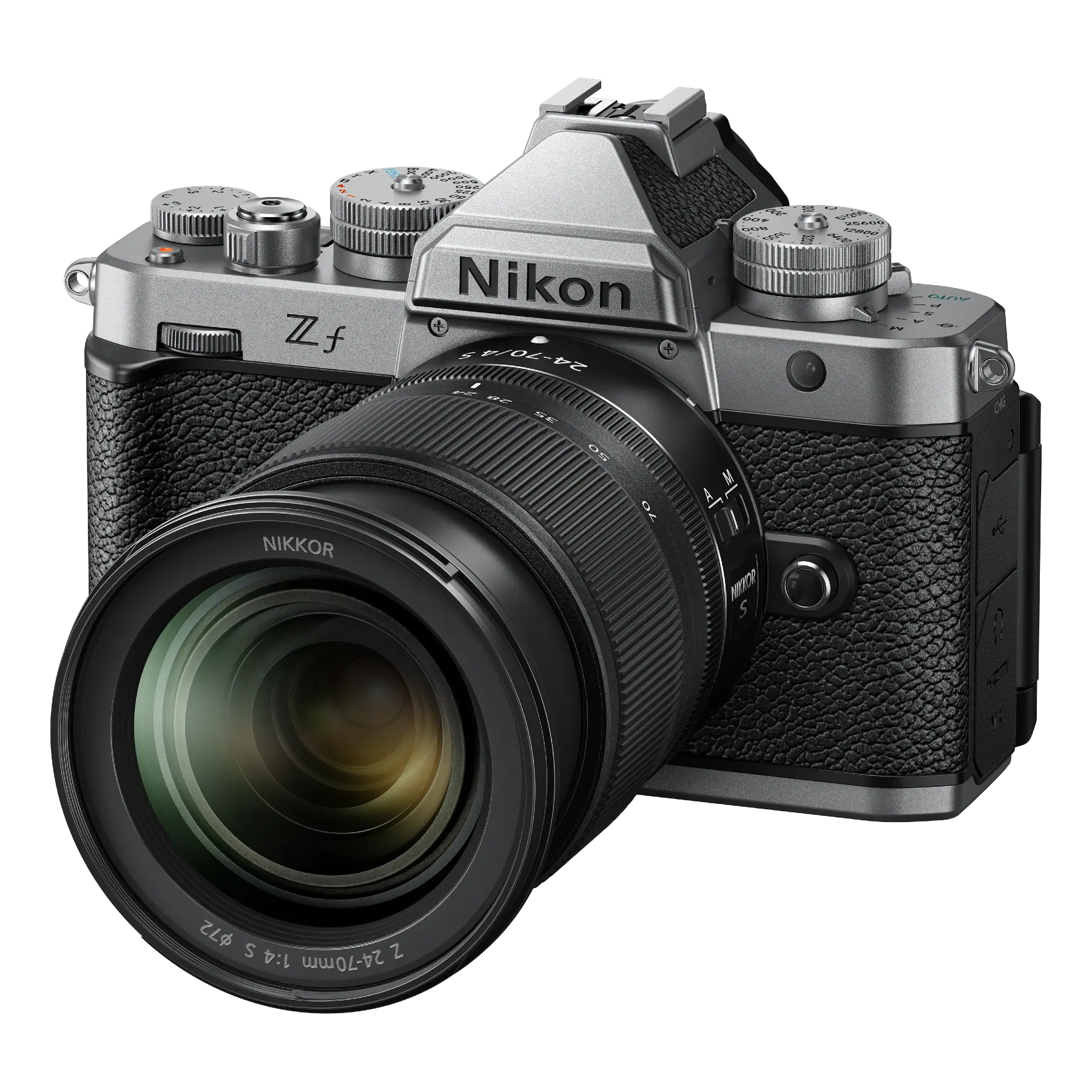 Nikon camera with black lens on a white background