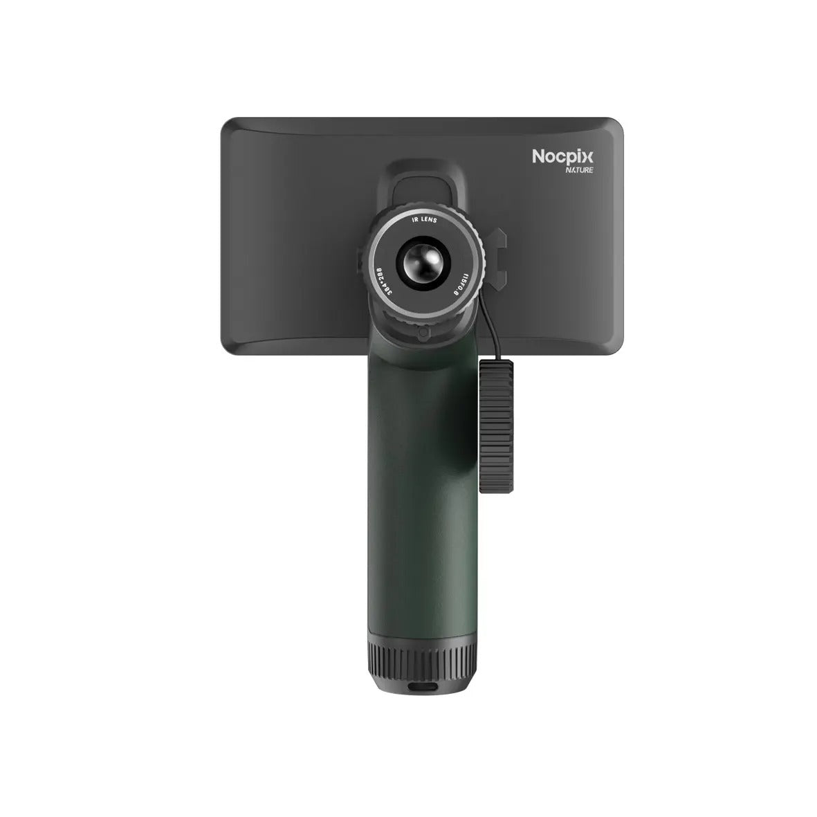 A Nocpix handheld camera with a dark green body, a black rectangular backplate, and a silver ring around the lens, shown against a solid white background.