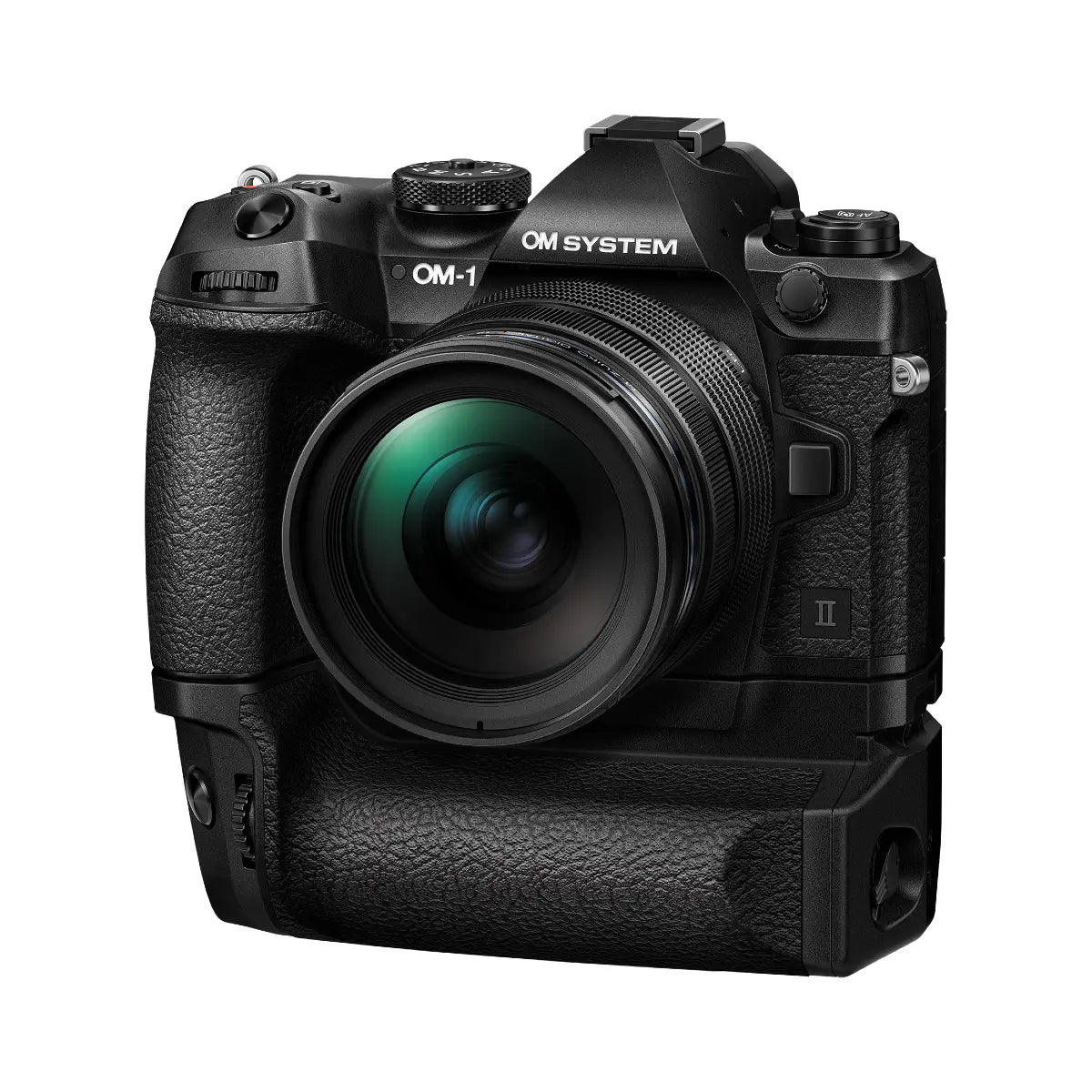 OM SYSTEM OM-1 Mark II Mirrorless Camera & 12-40mm f2.8 II lens front with battery grip attached