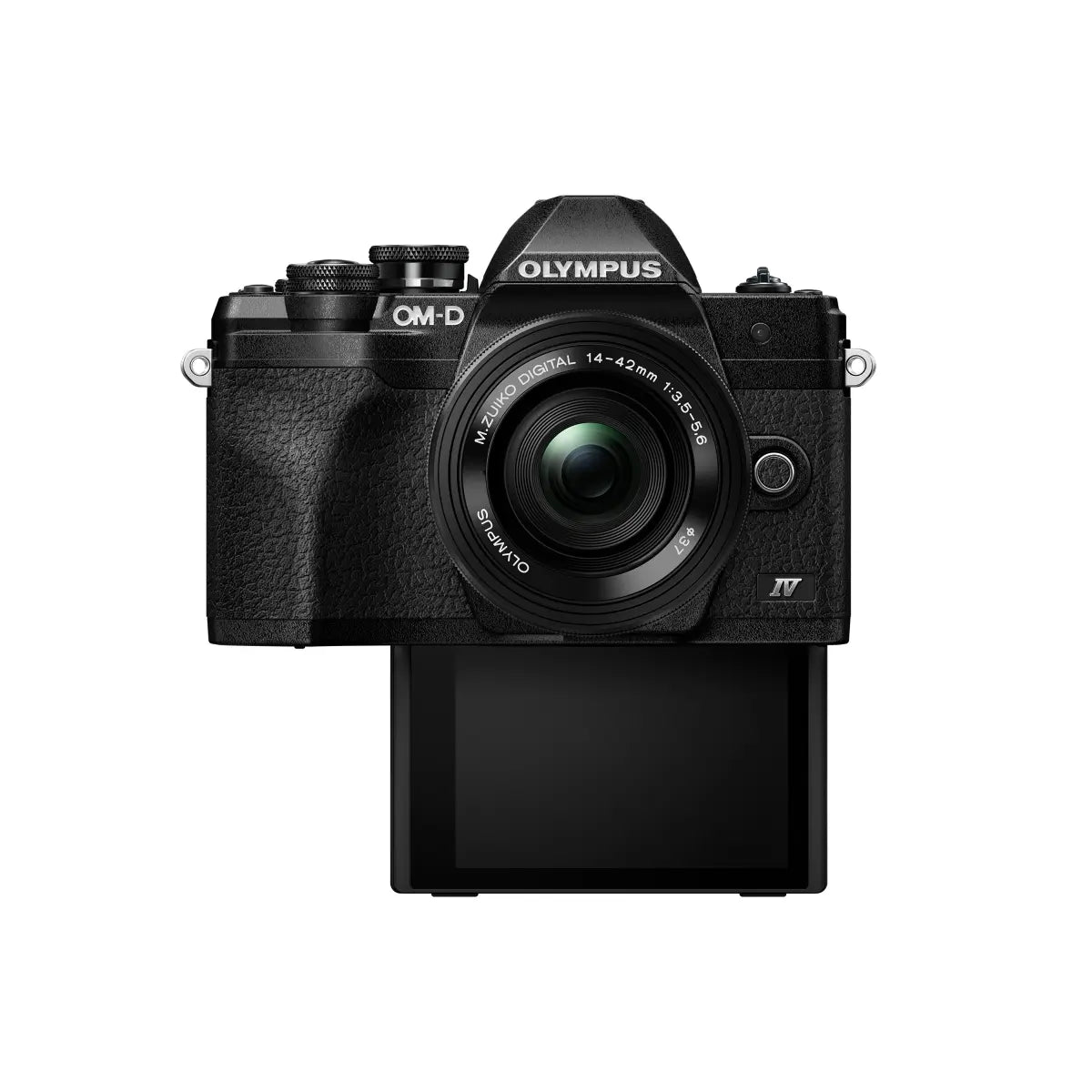 Olympus OM-D E-M10 Mark IV Camera with 14-42mm EZ Lens Kit - Black front with screen rotated down