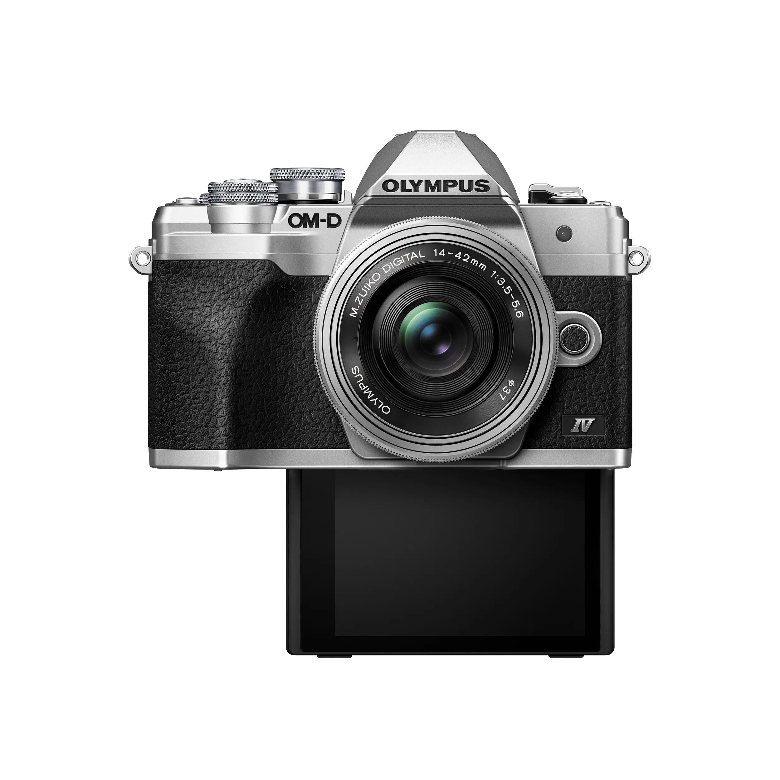 Olympus OM-D E-M10 Mark IV Camera with 14-42mm EZ Lens Kit - Silver front with screen flipped down