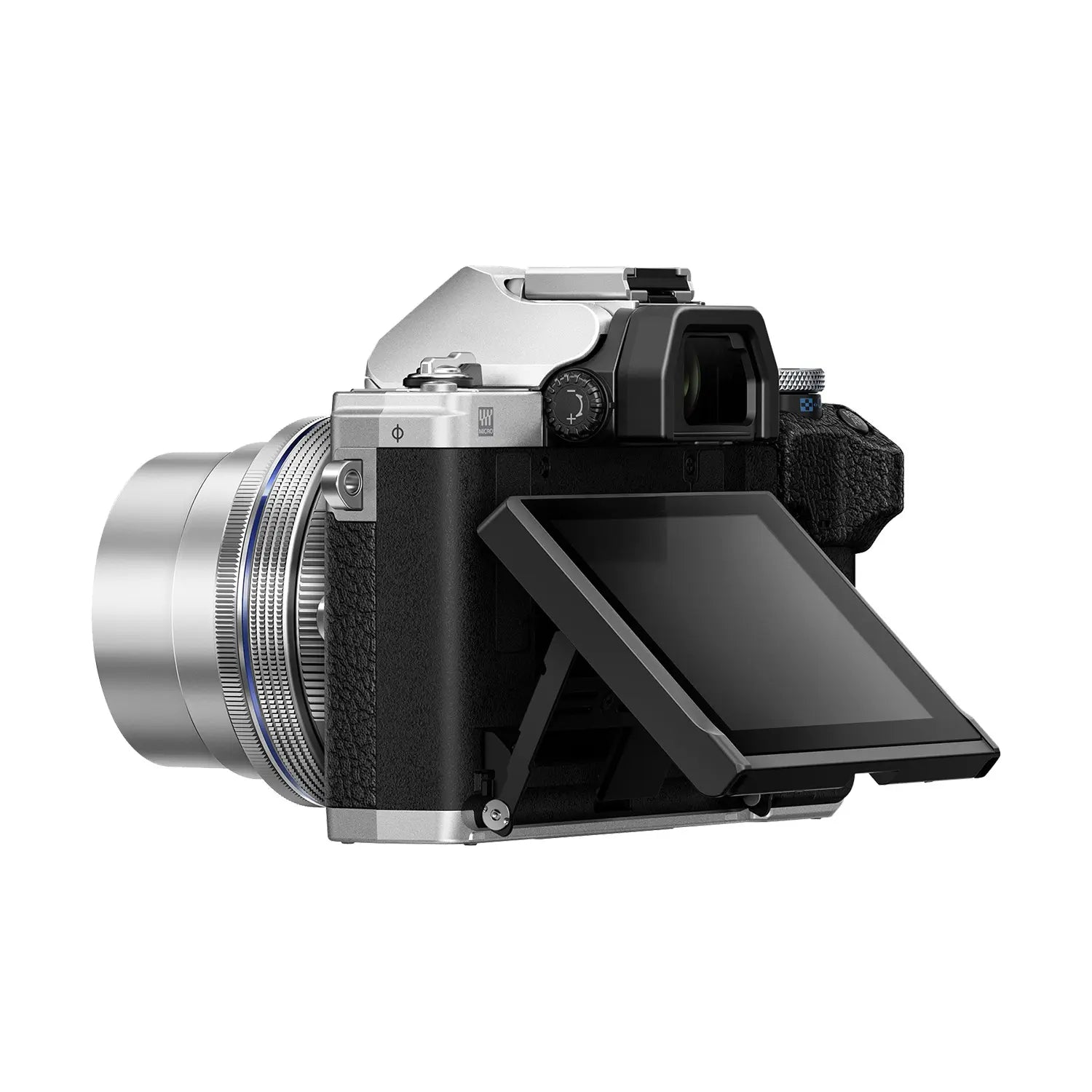 Olympus OM-D E-M10 Mark IV Camera with 14-42mm EZ Lens Kit - Silver back with screen rotated up