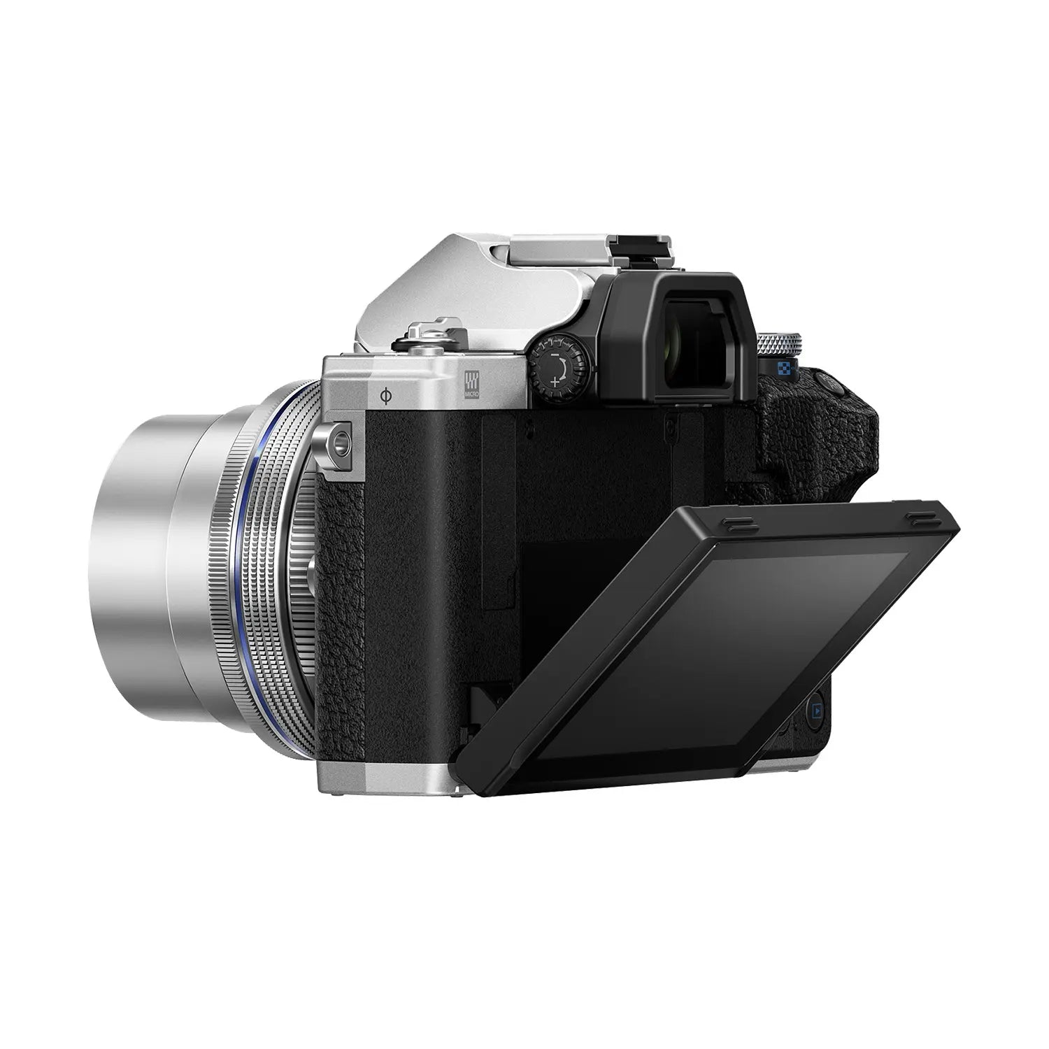 Olympus OM-D E-M10 Mark IV Camera with 14-42mm EZ Lens Kit - Silver back with screen rotated down