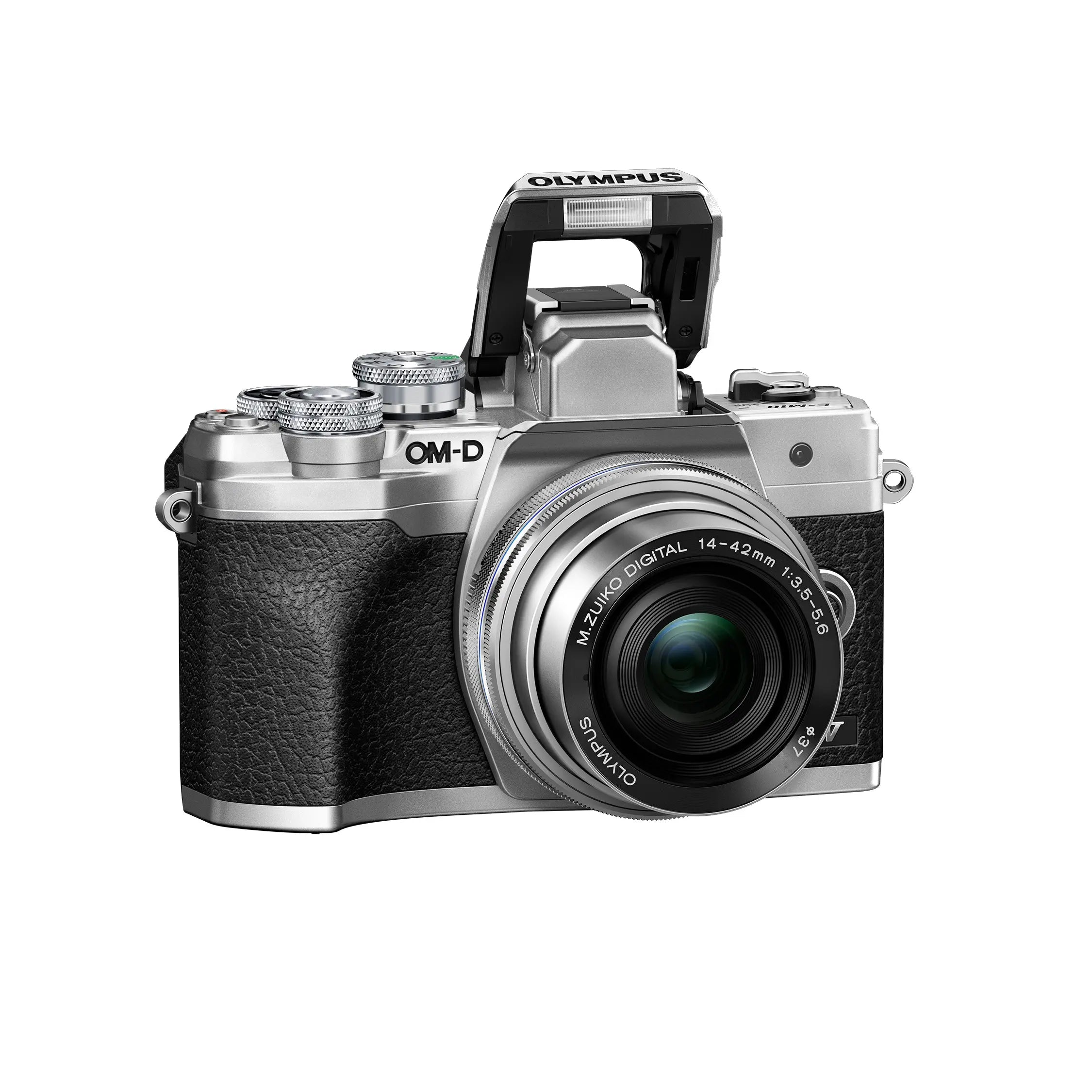Olympus OM-D E-M10 Mark IV Camera with 14-42mm EZ Lens Kit - Silver front with flash open