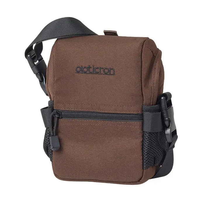 Brown bag with black straps and visible brand logo on a white background