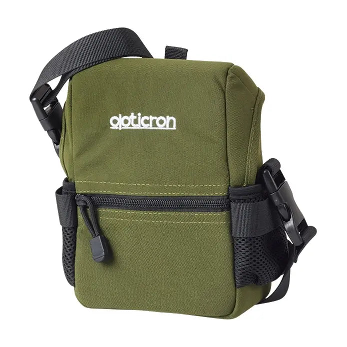 Green bag with black straps and 'opticron' logo on a white background