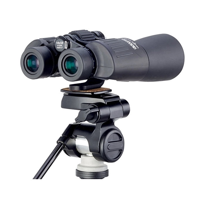 Opticron Binocular Tripod Mount for Binoculars to 50mm OG side angle of mount on tripod with binoculars attached