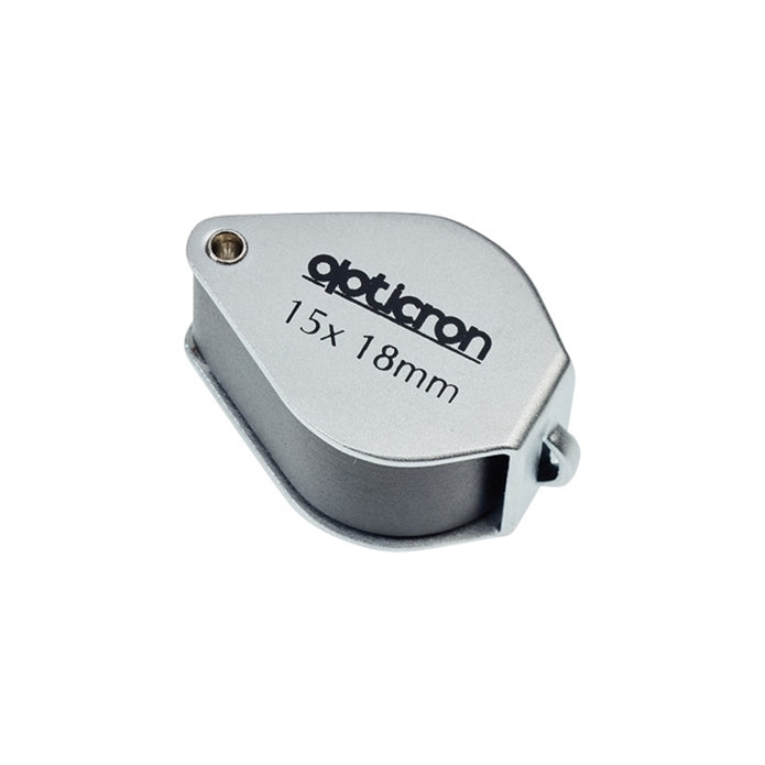 Metallic lens cap with 'Opticron' branding and size '15x 18mm' on a white background