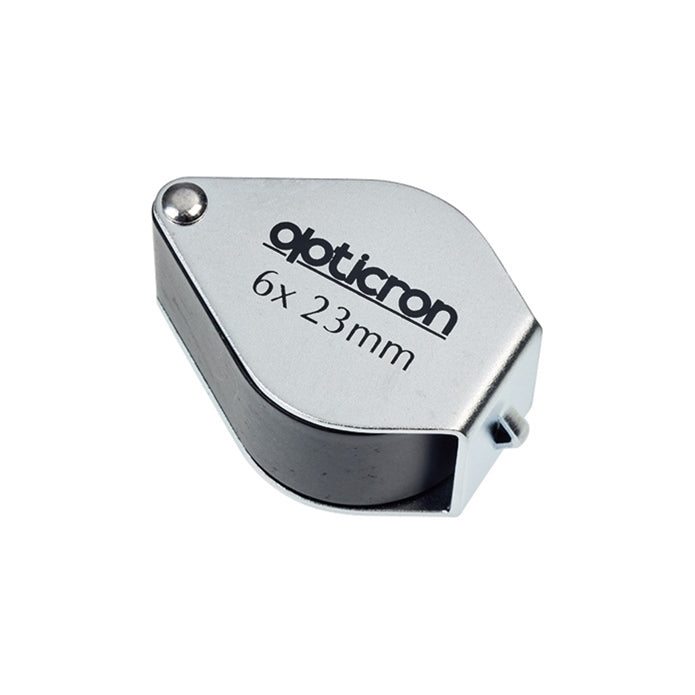 Metallic eyepiece with 'opticron' branding and specifications on a white background
