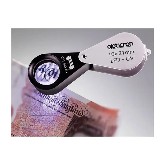 Opticron LED & UV Folding Metal Loupes 10x 21mm (0.8") side angle of product in use