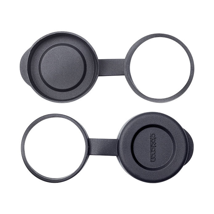 Two black camera lens hoods on a white background