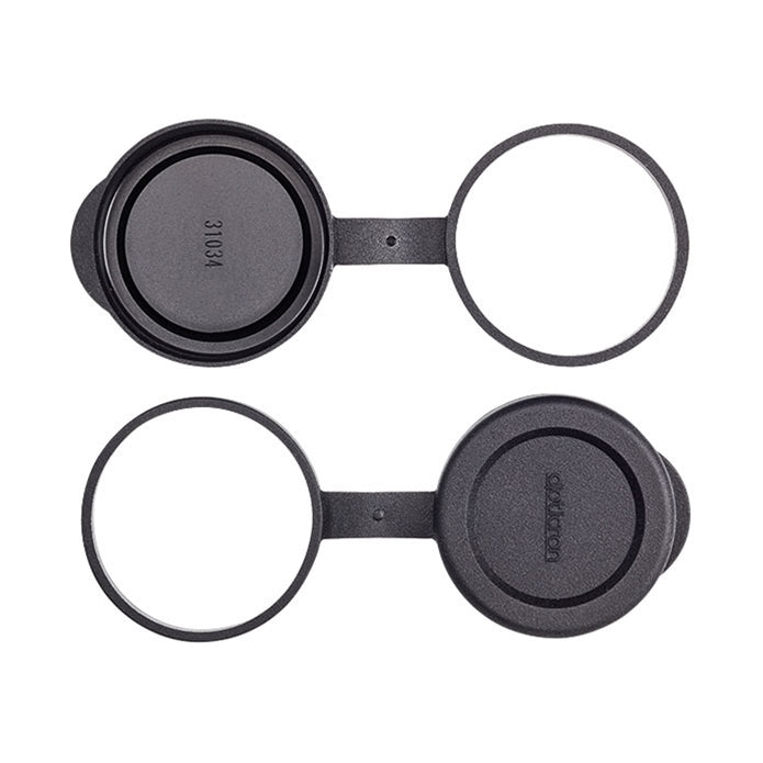 Two black camera lens hoods on a white background