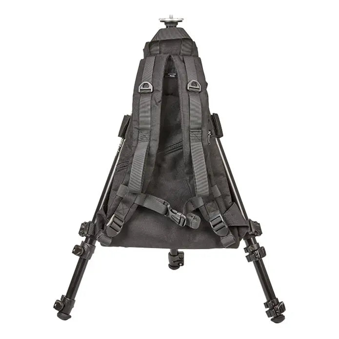 Backpack with built-in tripod legs on a white background