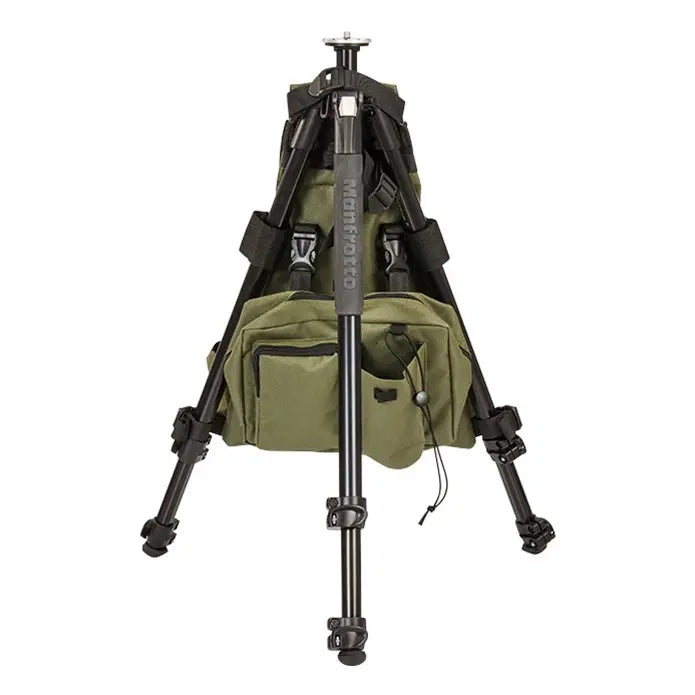 Green backpack with a black tripod on a white background