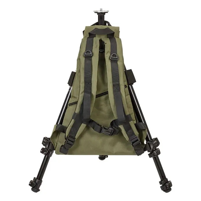 Green backpack with black straps and legs on a white background