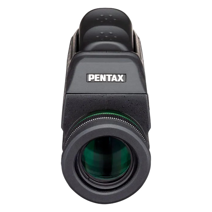 Pentax thermal monocular camera with a black body, textured grip, and green-tinted lens visible through the front objective, shown on a solid white background.