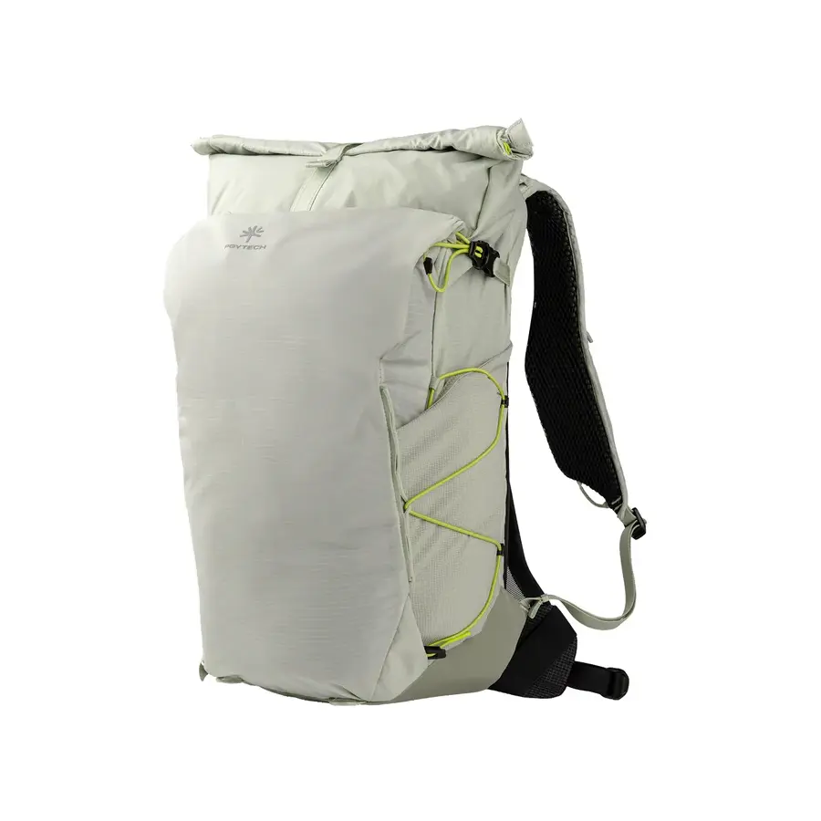Light gray backpack with black straps on a white background