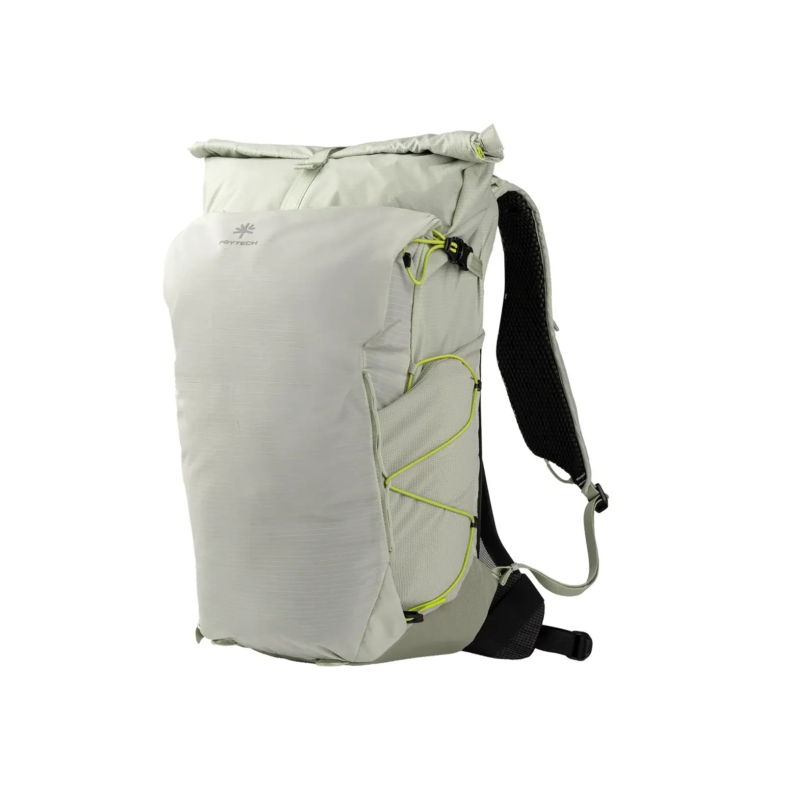 Light gray backpack with black straps on a white background