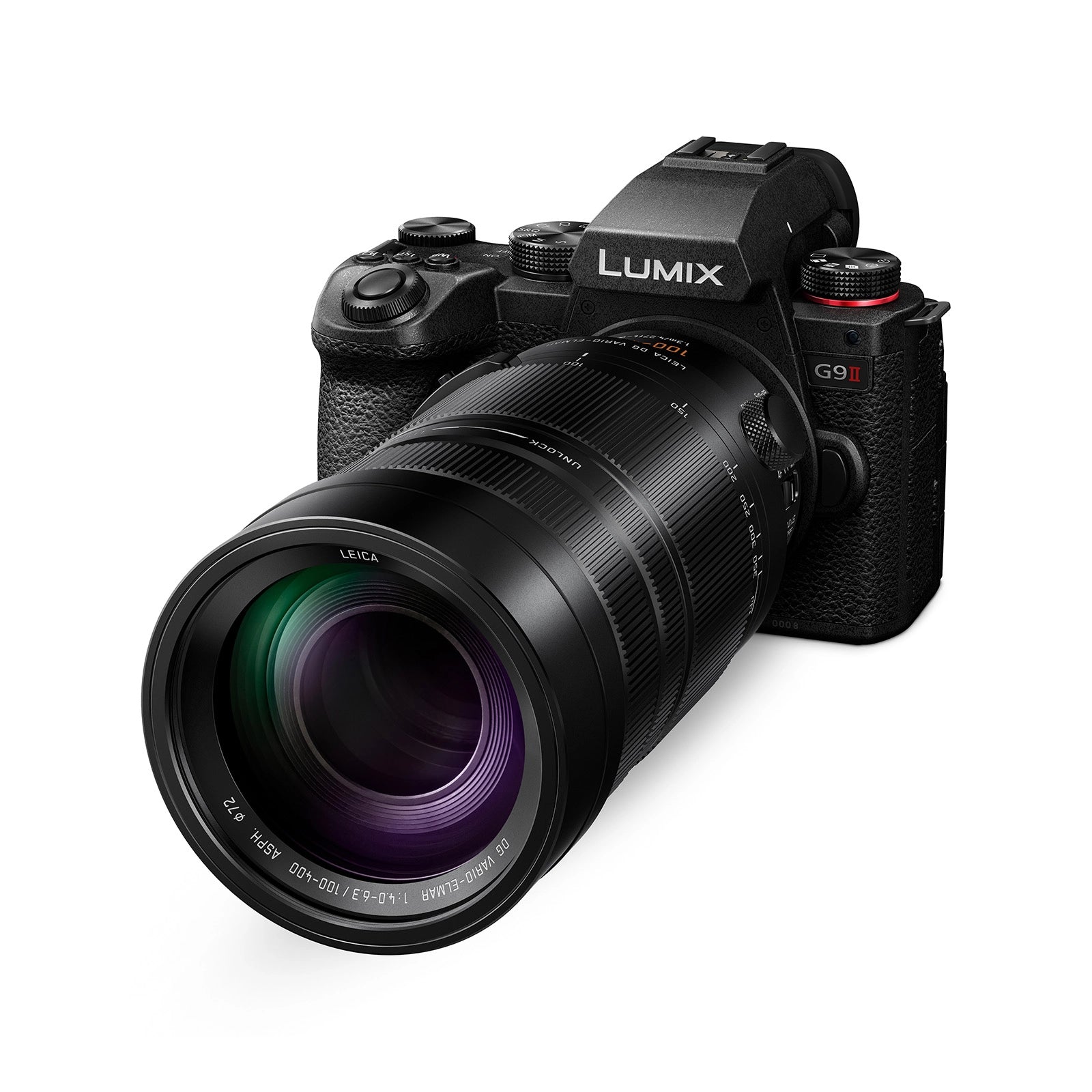 Panasonic Leica Elmar 100-400mm f/4-6.3 ASPH Lens side angle on camera