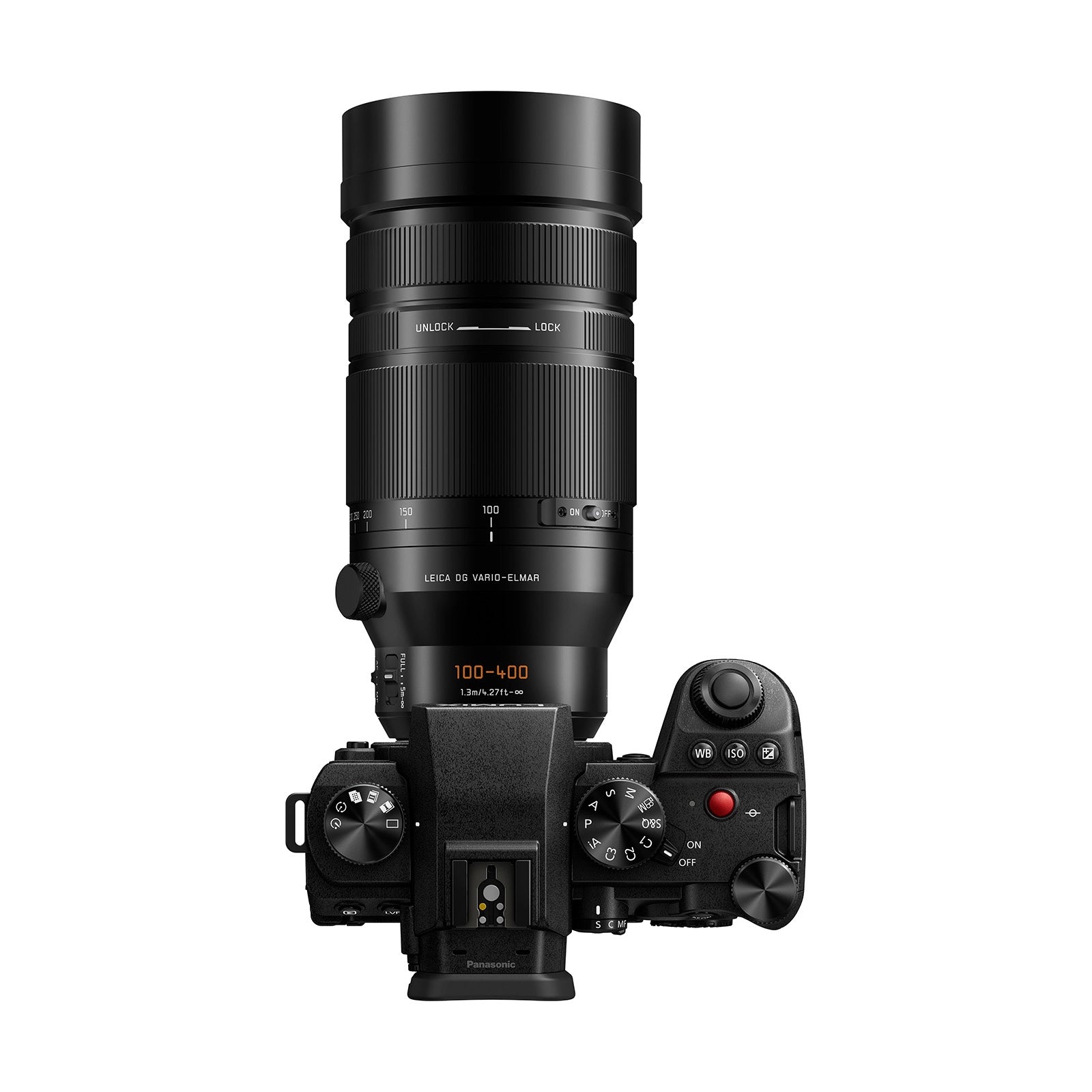 Panasonic Leica Elmar 100-400mm f/4-6.3 ASPH Lens top angle on camera