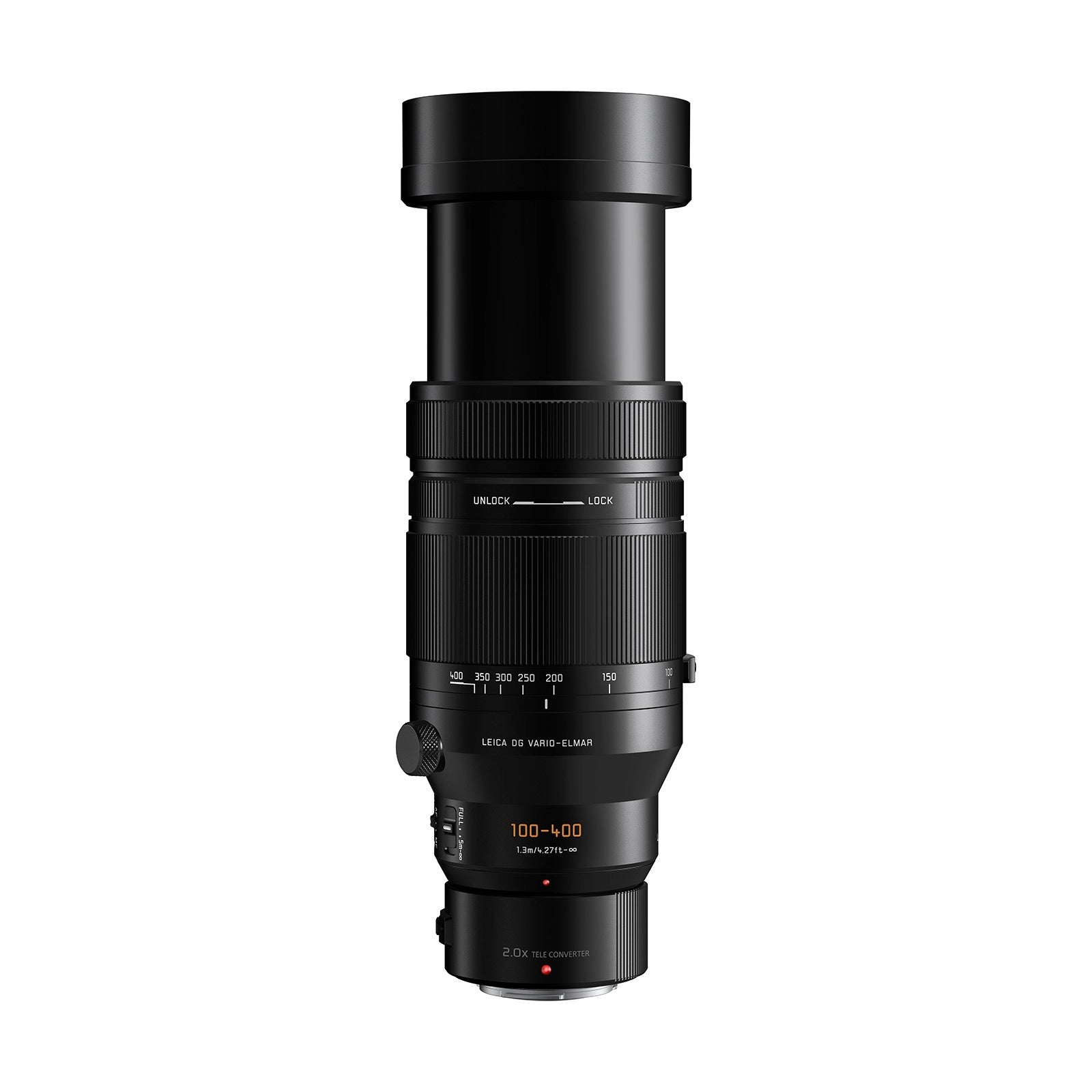 Panasonic Leica Elmar 100-400mm f/4-6.3 ASPH Lens top angle with lens barrel extended