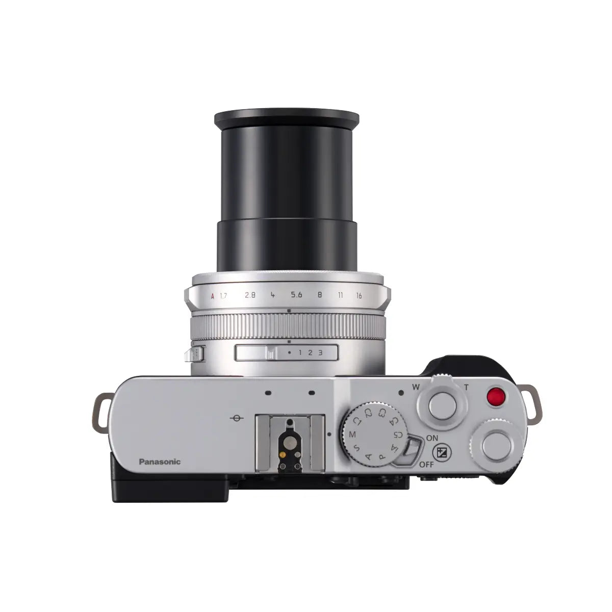 Top view of a silver Panasonic camera on a white background