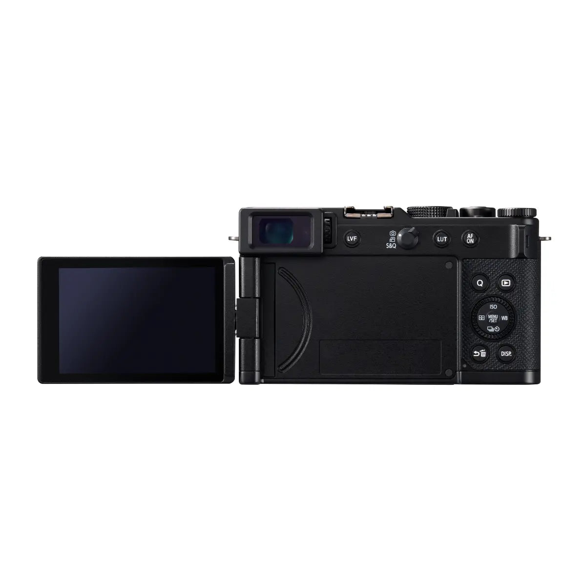 Black camera with a swiveling screen on a white background