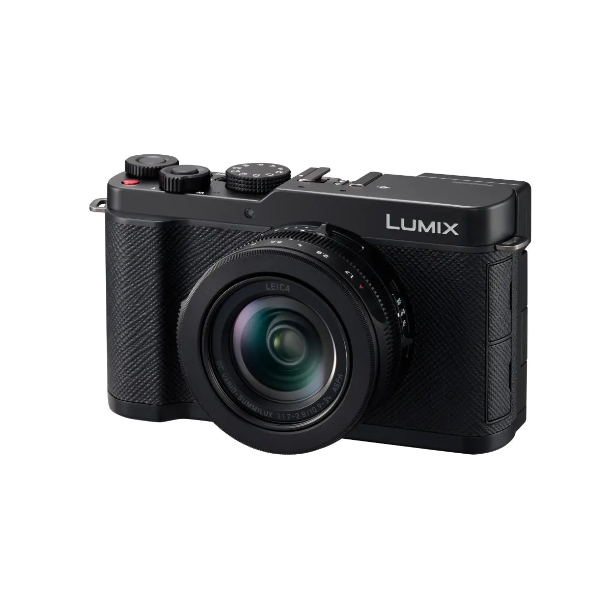 Black Panasonic Lumix camera on a white background