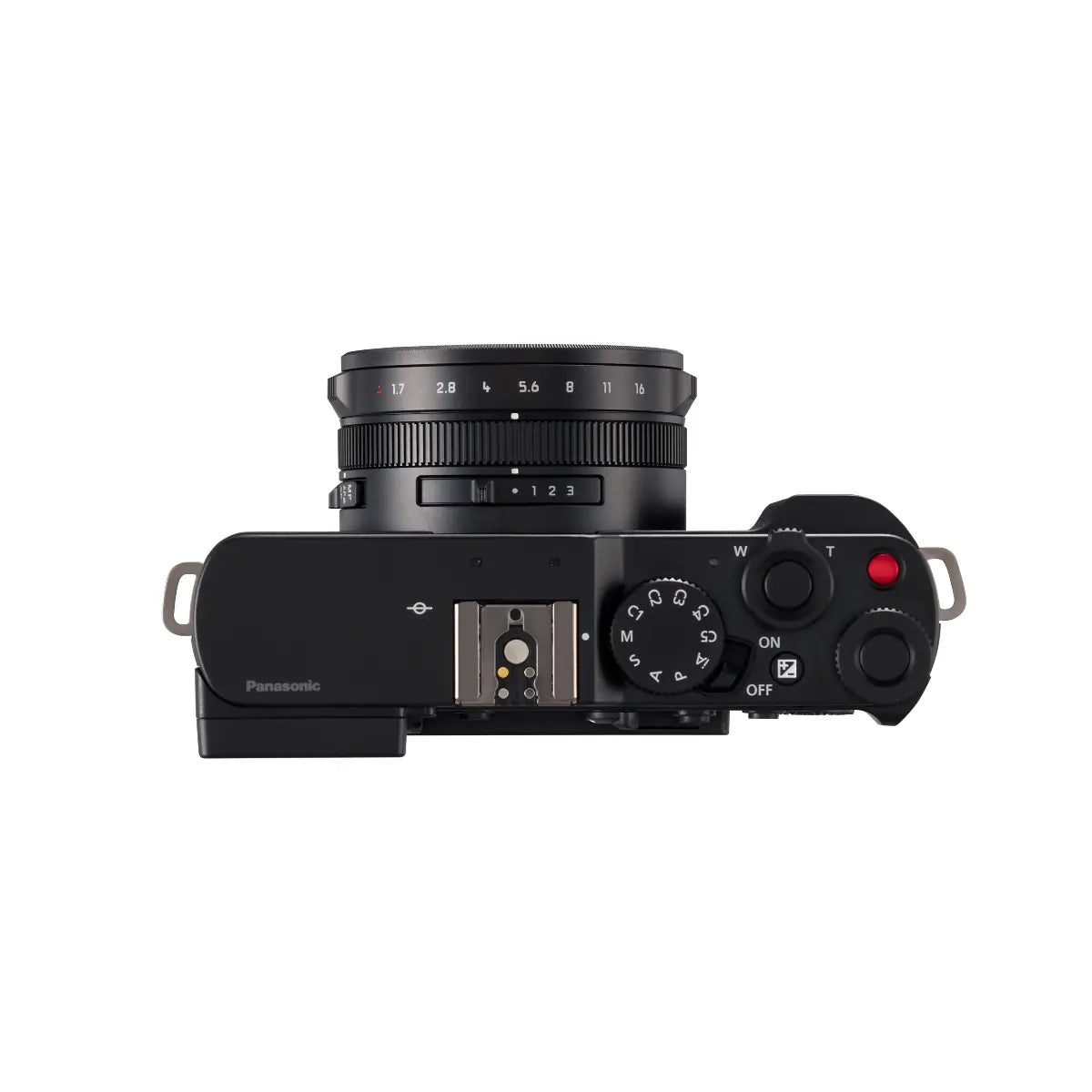 Top view of a black camera on a white background