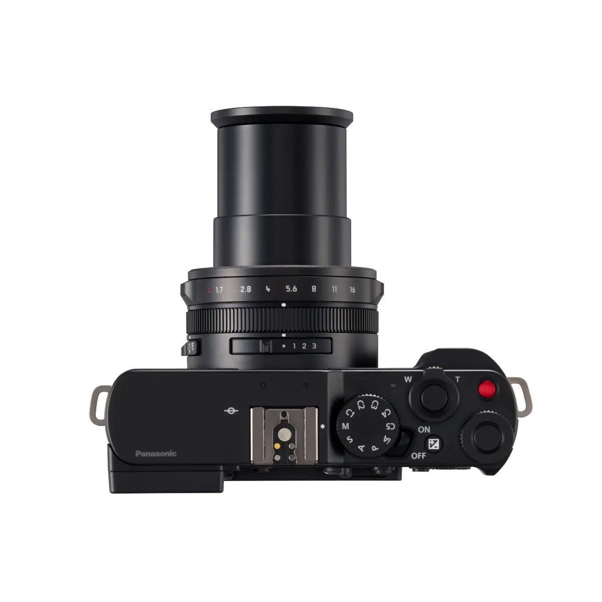 Top view of a black Panasonic camera on a white background