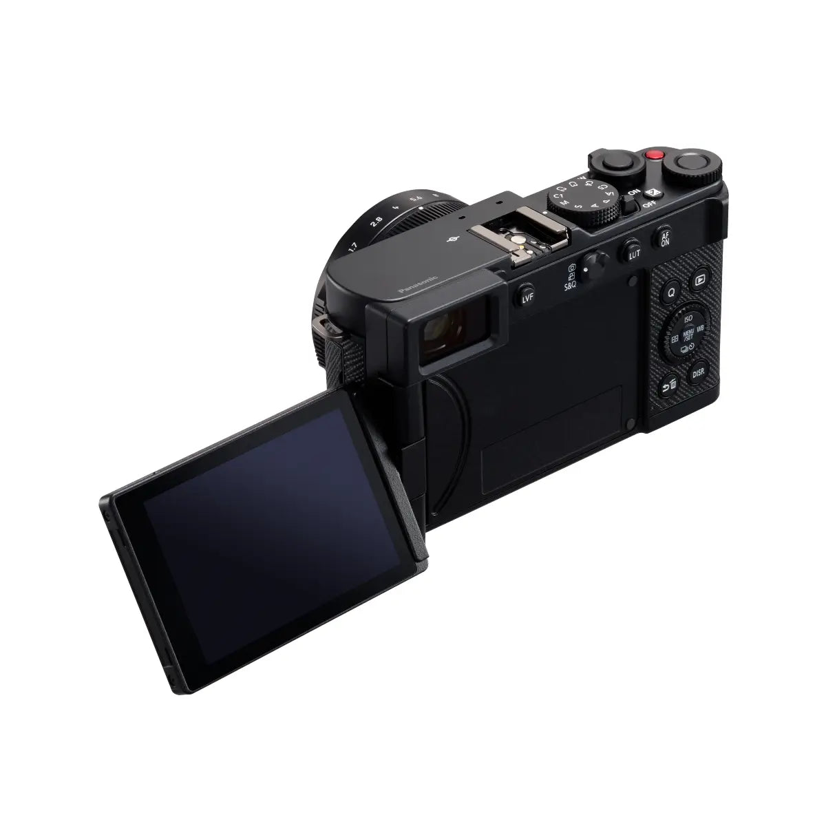 Black camera with open touchscreen on a white background