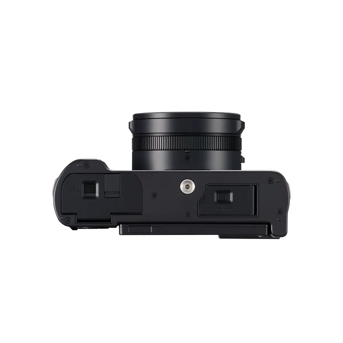 Top view of a black camera on a white background