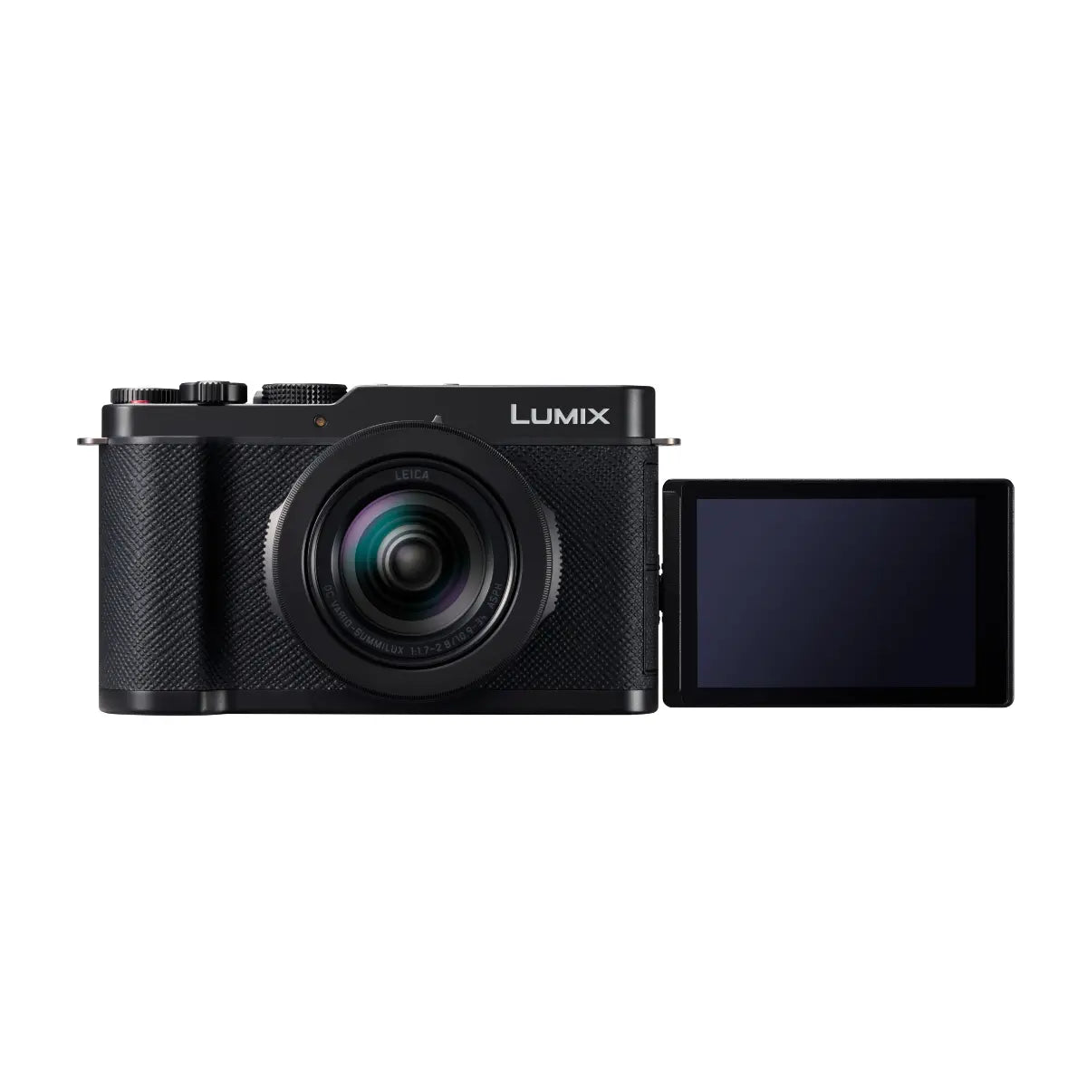 Black Panasonic camera with a flip-out screen on a white background