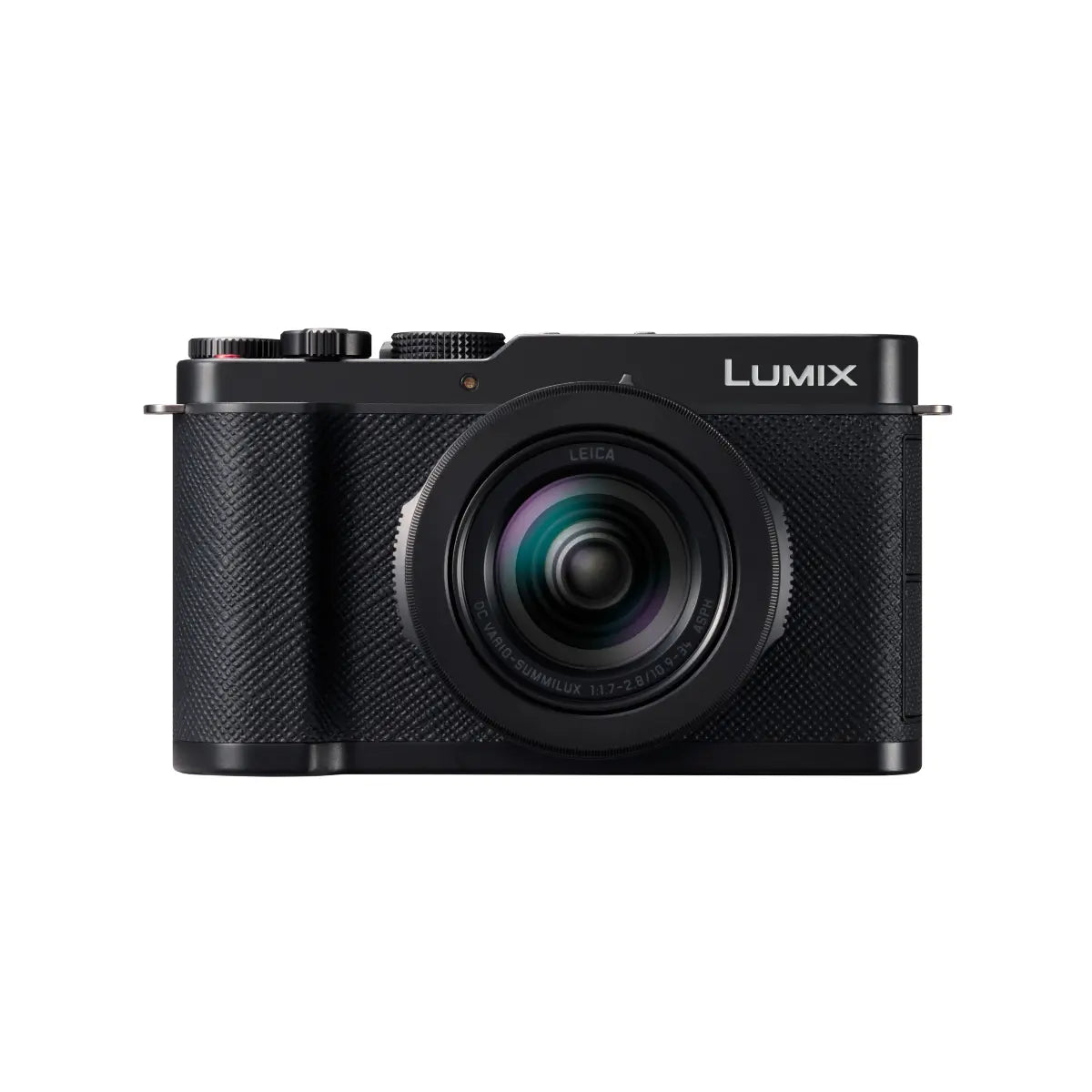 Black Panasonic Lumix camera on a white background