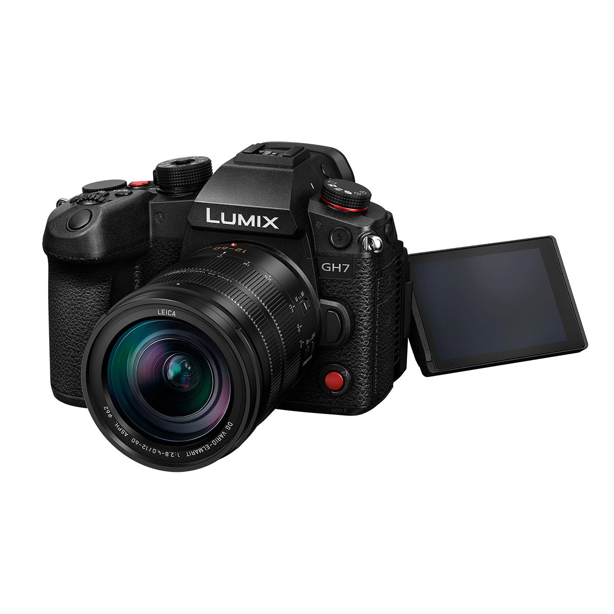 Panasonic Lumix GH7 Camera with 12-60mm Leica Lens Kit front angle with screen rotated