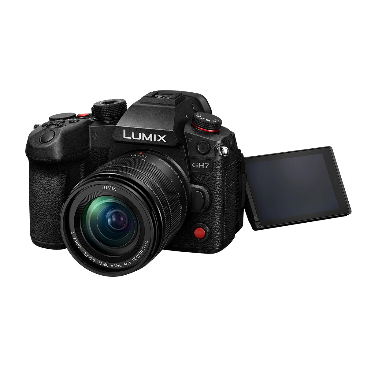 Panasonic Lumix GH7 Camera with 12-60mm Lens Kit front angle with screen rotated