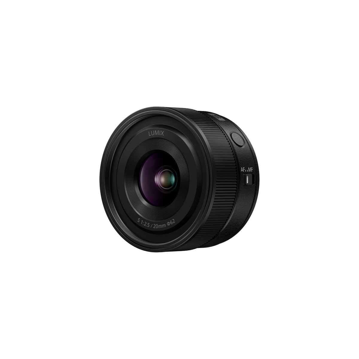 A black Lumix camera lens with a textured grip and glass front element, shown at a three-quarter angle on a solid white background.