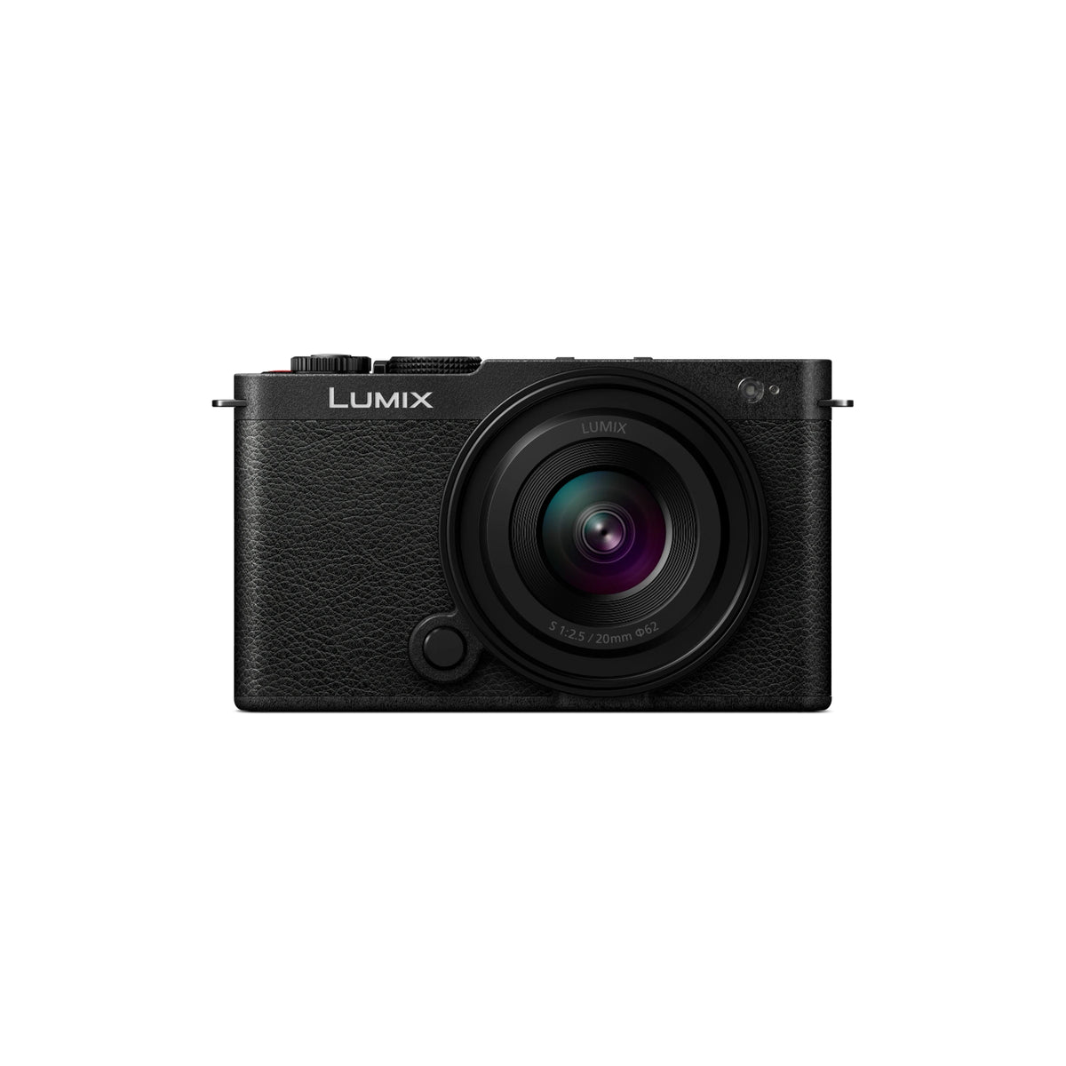 Panasonic Lumix compact digital camera in black with a textured grip, shown from the front on a solid white background.