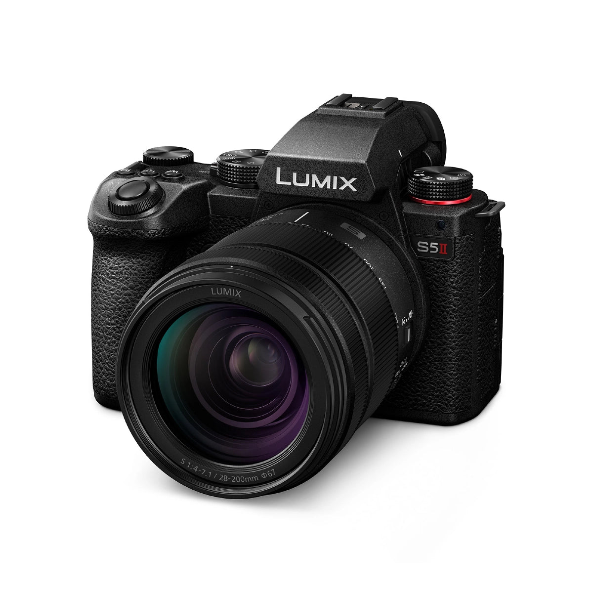 Panasonic Lumix S 28-200mm f/4-7.1 MACRO O.I.S. Lens on camera front angle