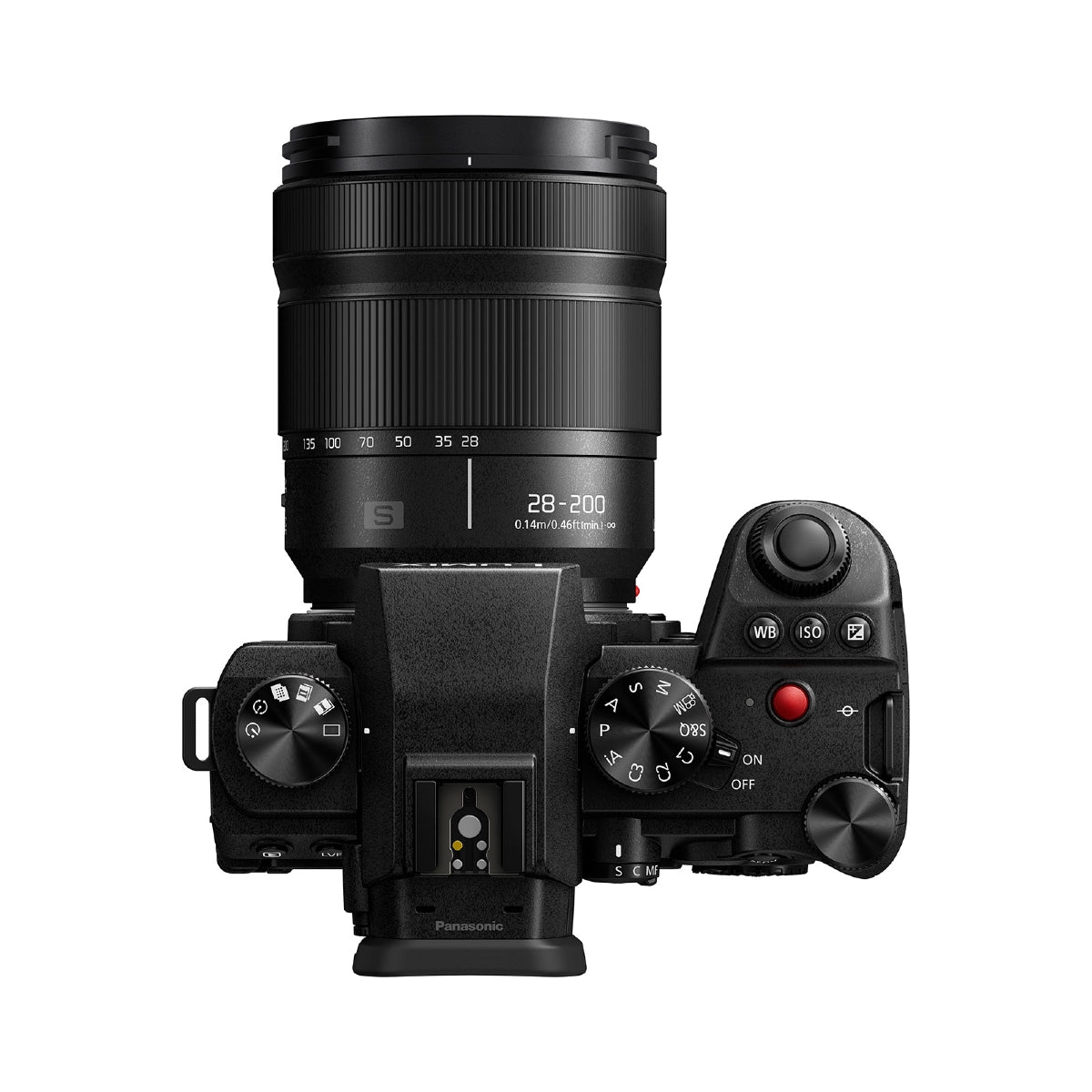 Panasonic Lumix S 28-200mm f/4-7.1 MACRO O.I.S. Lens on camera top angle