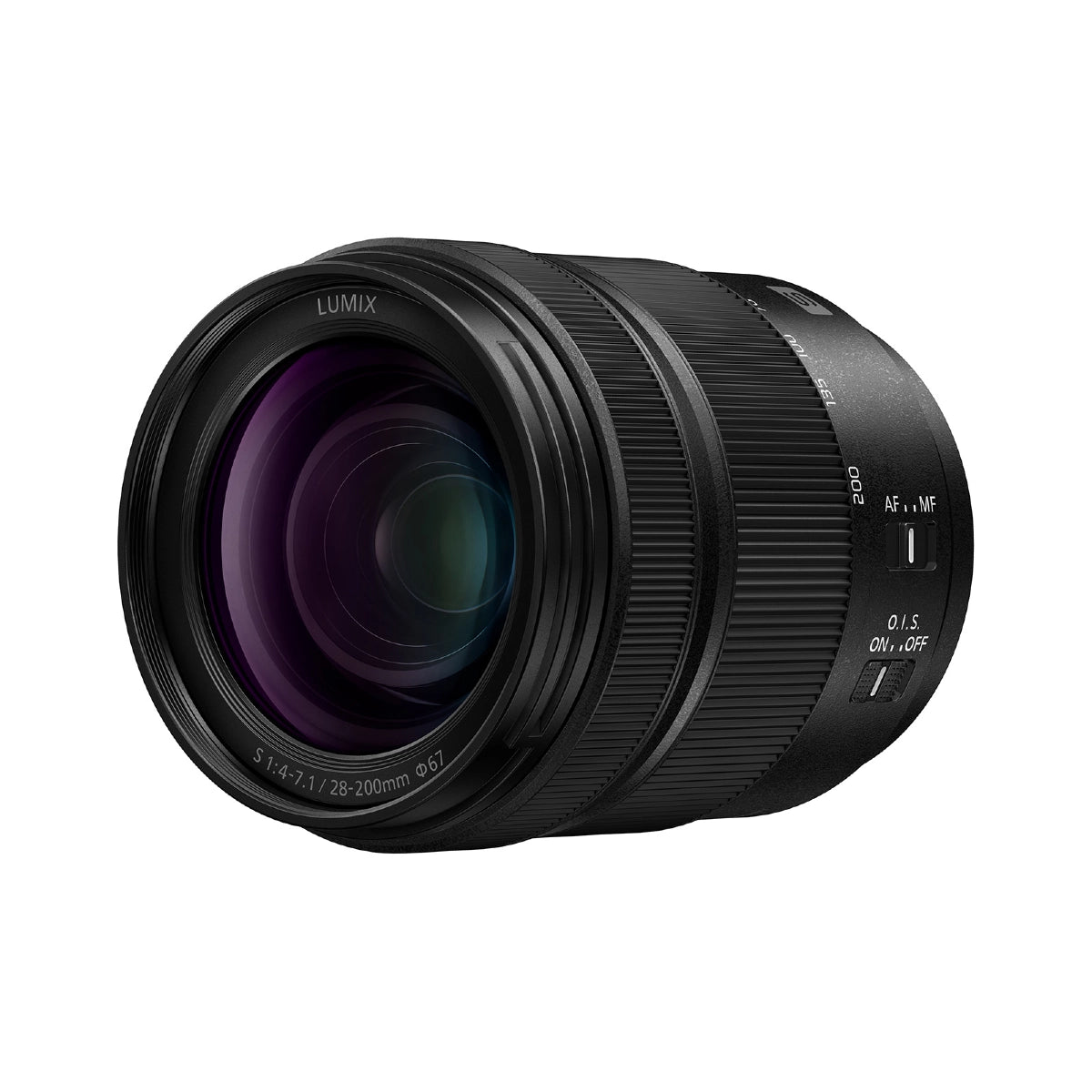 Panasonic Lumix S 28-200mm f/4-7.1 MACRO O.I.S. Lens front angle
