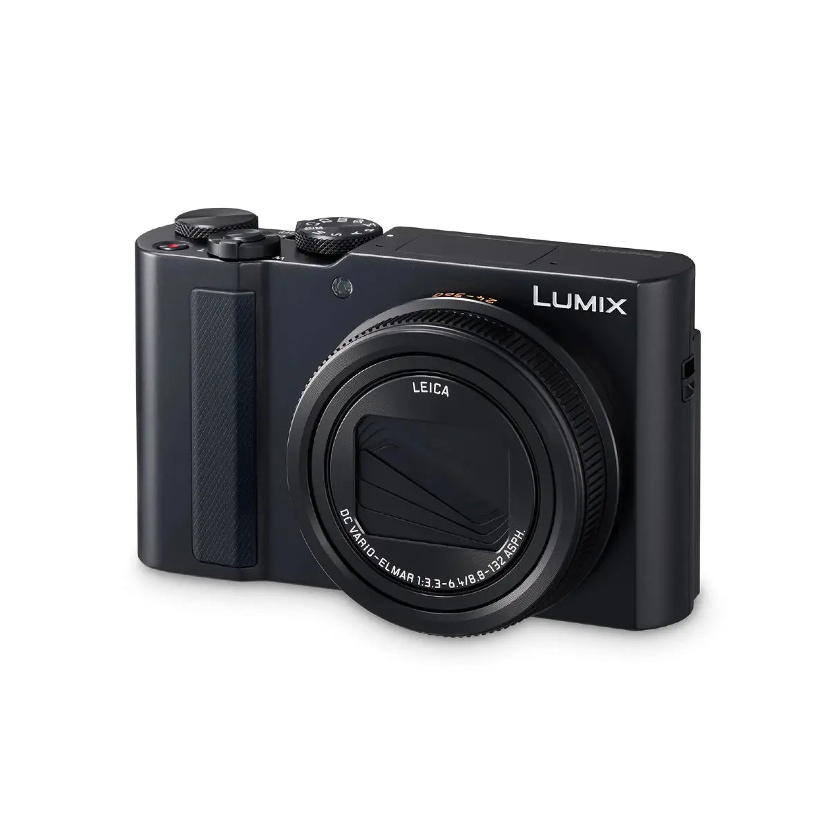 Black camera with a cable on a white background