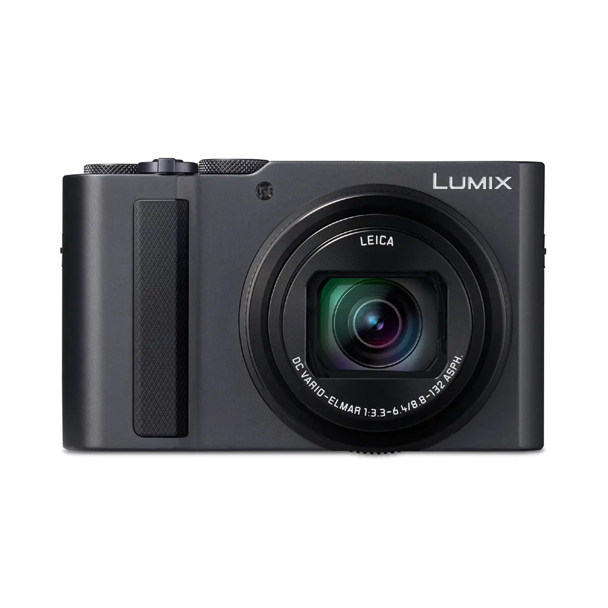 Black Panasonic Lumix camera with Leica lens on a white background