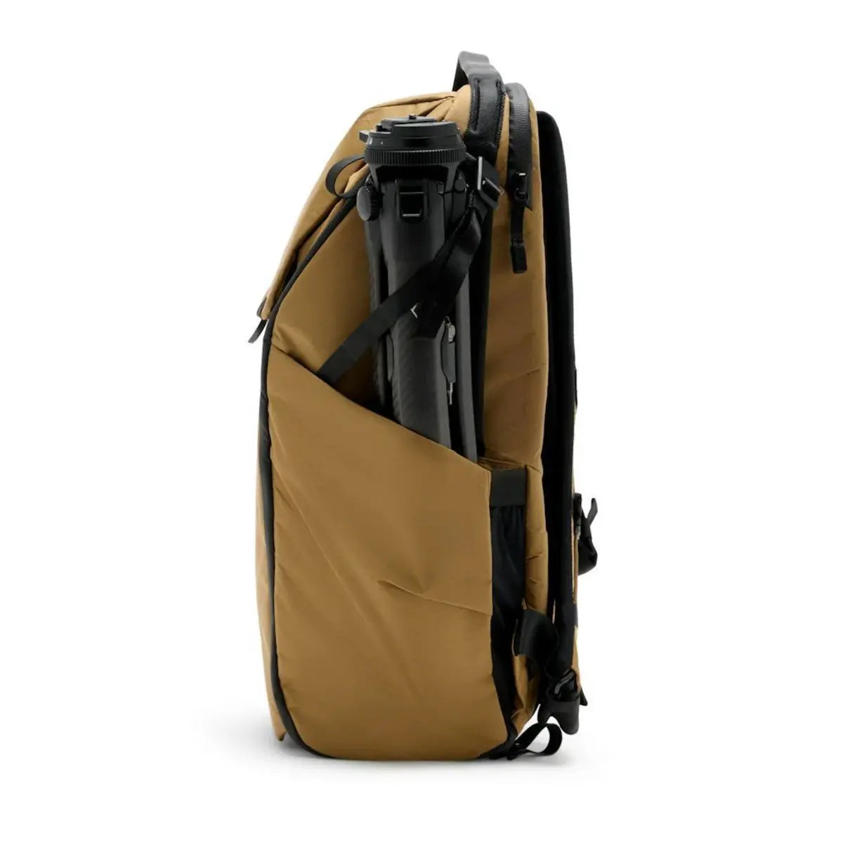 Brown backpack with black straps on a white background