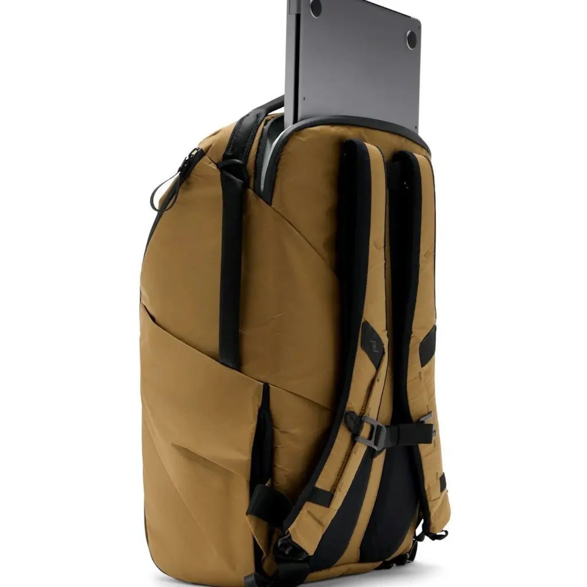 Brown backpack with black straps on a white background